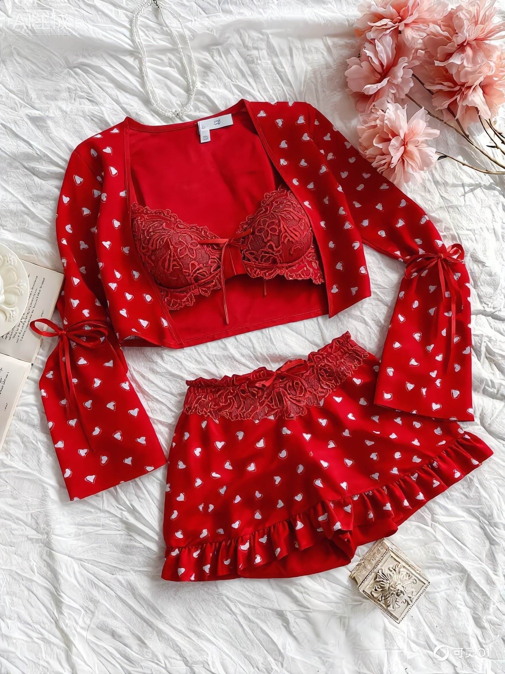 3 Sets Of Europe And The United States See-through Sexy Erotic Underwear Red Love Bra Short Skirt Thong Pants Three Sets to Send A Lover Gift Lover - Image 4