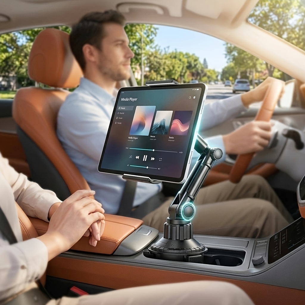 TEMU Support Tablette pour Porte-Gobelet de Voiture, Support Téléphone Réglable avec Base Extensible, Support Tablette de Voiture à Bras Long Rotatif
