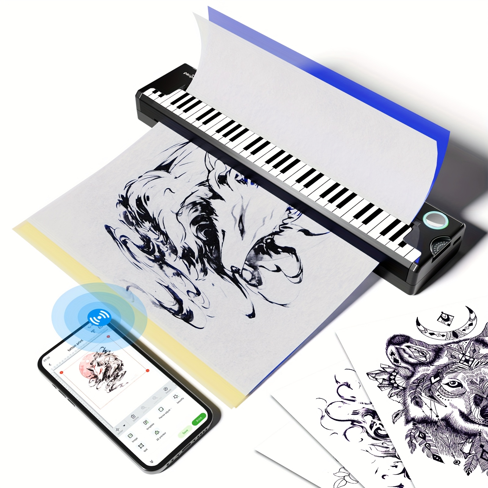 TEMU Peripage Diy Tattoo Transfer Printer Thermal Tattoo Template Printer 1pc With 5 Sheets A4 Transfer Paper Portable Mini Printer Compatible With