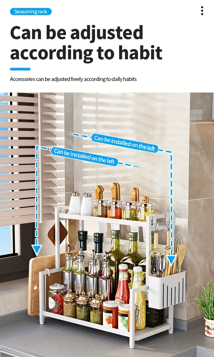 2 tier carbon steel spice rack organizer with utensil holder cutting board storage white metal kitchen countertop organizer for spices knives and cutting tools spices organizers and storage Product details 6