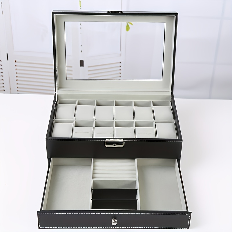 Image of 12-slot Watch Box With Lockable Glass Lid, Double-layer Watch Rack For Storage , Equipped With 2 Drawers For Rings And Bracelets, A Father's Day Gift For Boyfriend, Jewelry Boxes