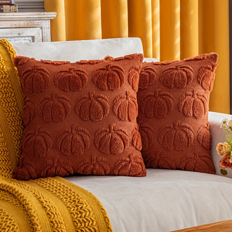 TEMU 2pcs Soft Faux Fur Pumpkin Throw Pillow Covers - Autumn Farmhouse Decor, Zip Closure, Hand Washable, Perfect For Sofa & Bedroom