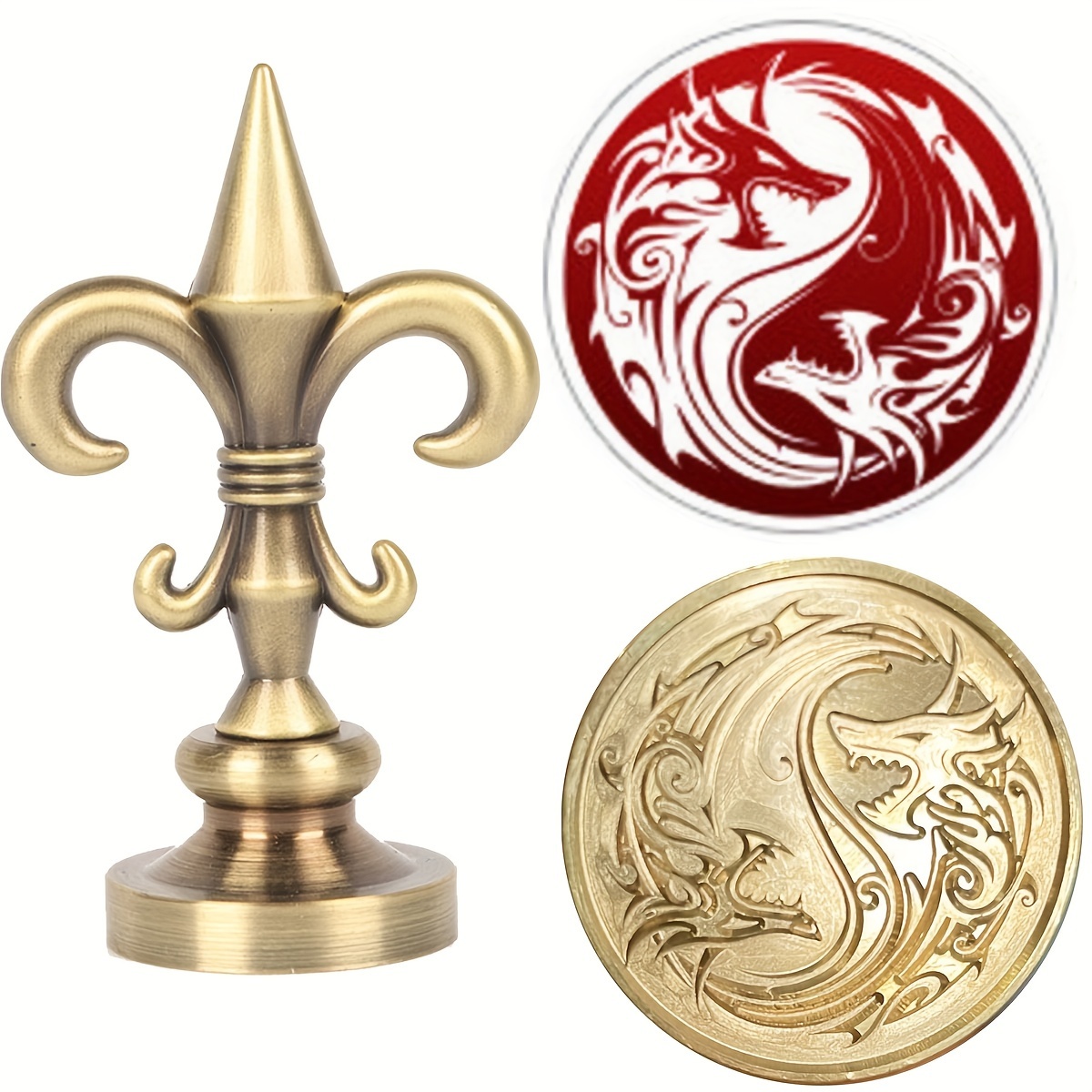

Dragon-themed Pure Copper Wax Seal Stamp Set With Metal Handle - Intricate Double Dragon Design For Letter Sealing And Crafts