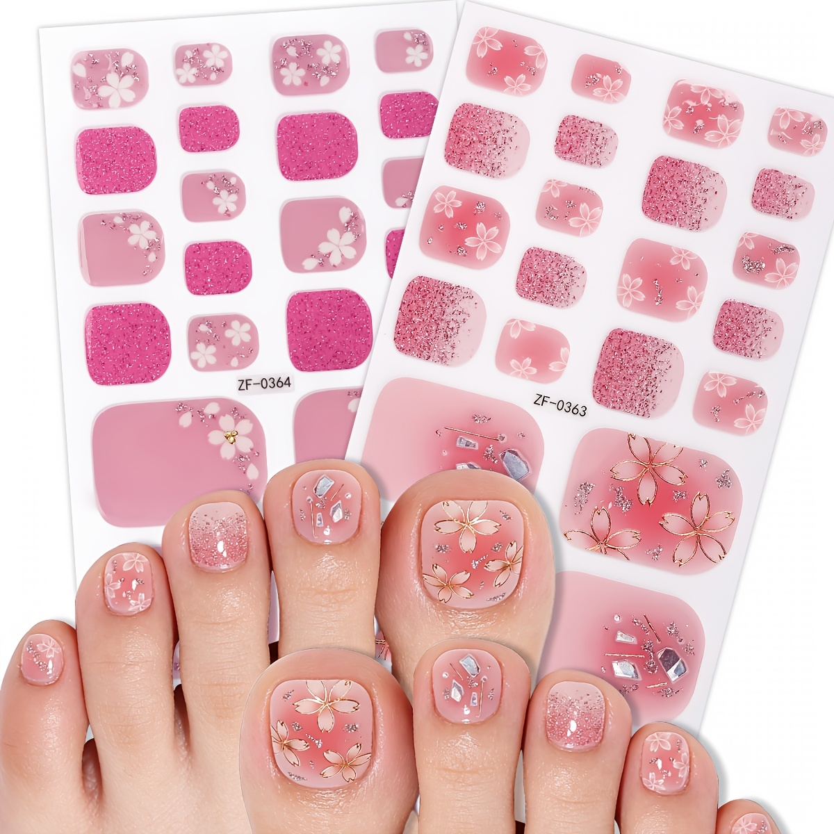 TEMU 44pcs Self-adhesive Press-on Toe Nail Strips Suitable For Women, Glitter Floral Resin Nail Stickers With Spring Vibes & Pink Short Nails, Sweet