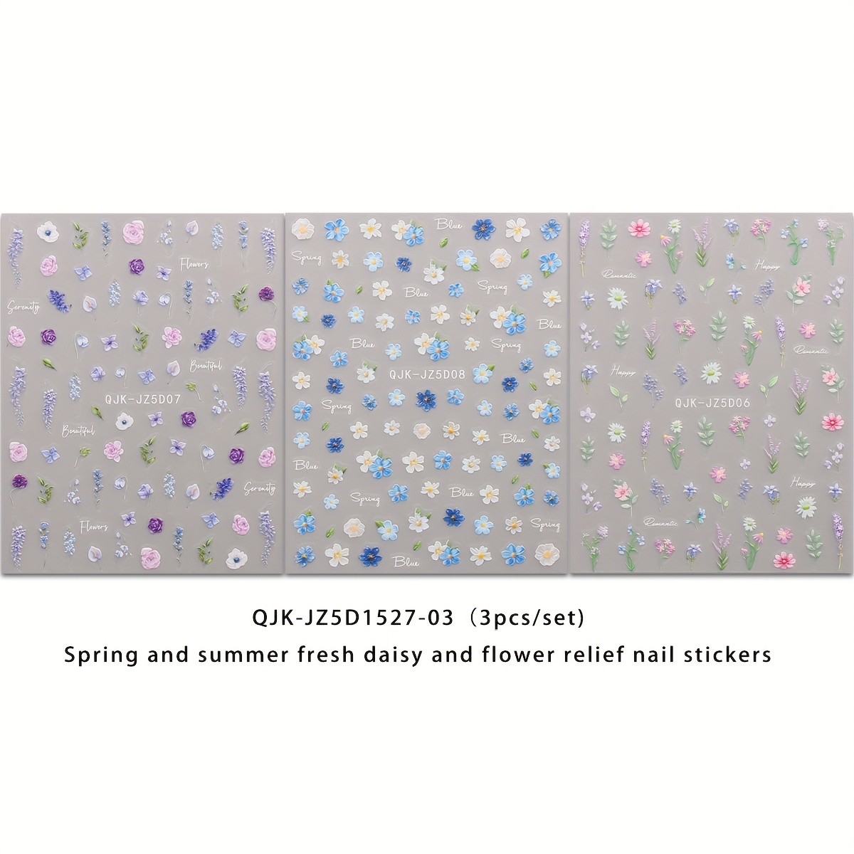 3 Sets Of Spring And Daisy And Flower Relief Nail Stickers Disposable Self-adhesive Back Adhesive Nail Stickers For Women Diy Art Decoration Accessories