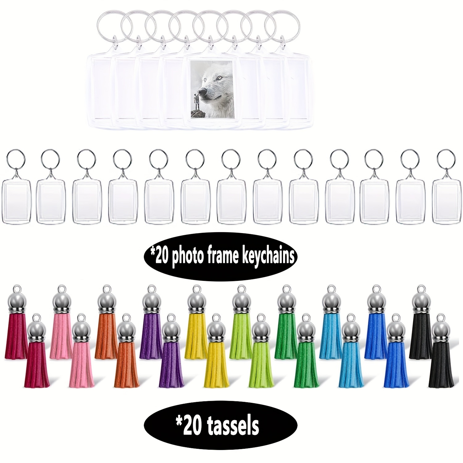 Image of 40pcs Acrylic Frame Tassel Keychain Set, Including 20 Acrylic Frame Keychains, 20 Tassels, Plug-in Photo Keychains, Transparent Blank Picture Keychains