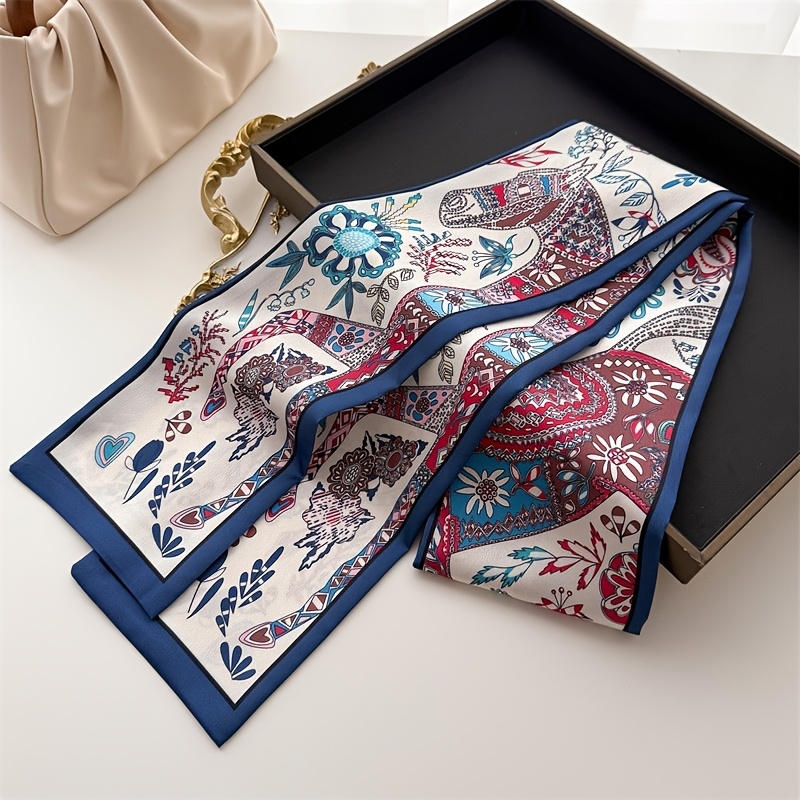 TEMU 1pc Foulard en satin imprimé double épaisseur floral vintage bohème pour femmes, à cheval, avec pompon, foulard élégant et étroit pour femmes,
