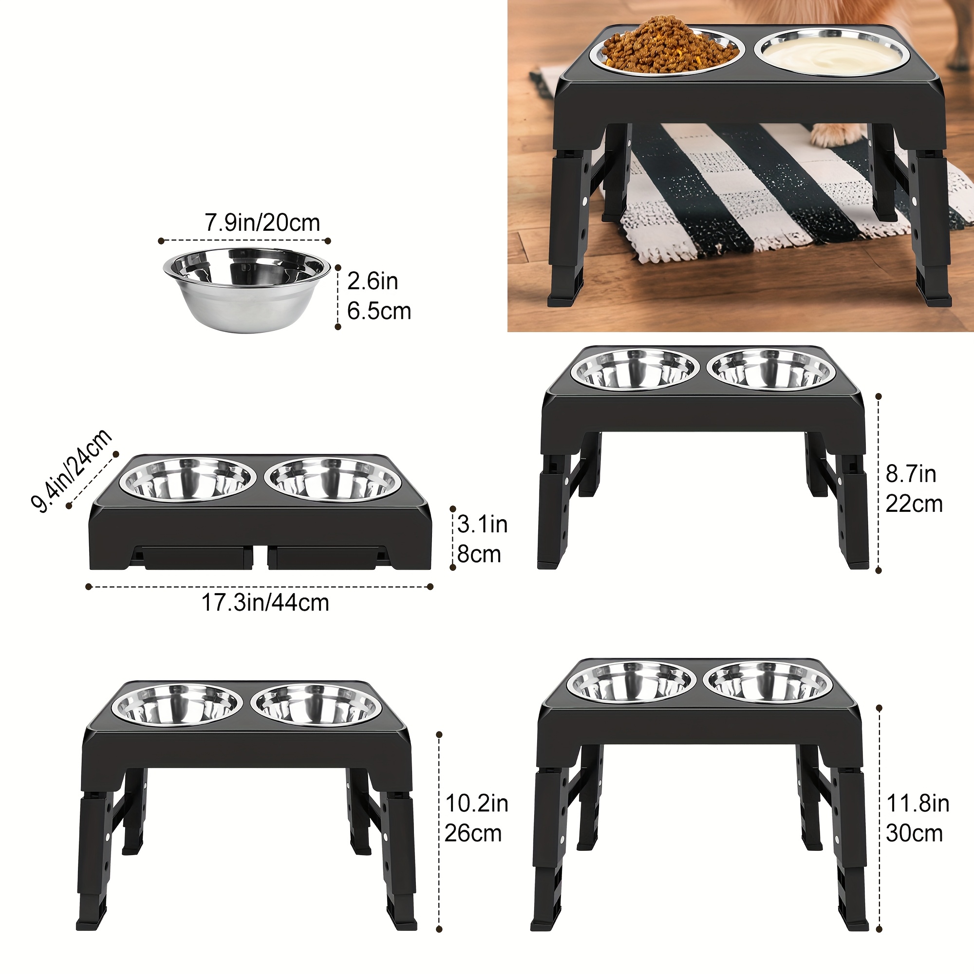 Dog Bowl, Ajustable Dog Feeding Station Stainless Bowl - Removable, For Small To Medium Dogs And Cats (2 Bowls)
