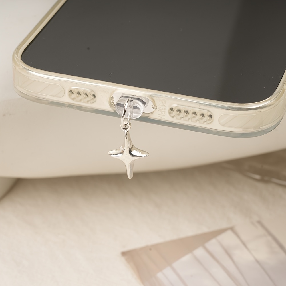 TEMU Silver 4 Pointed Star Phone Dust Plug Charm, Minimalist Cross Star Pendant Anti , Universal Charging Port Decor Hanging Ornament, Mobile Phone
