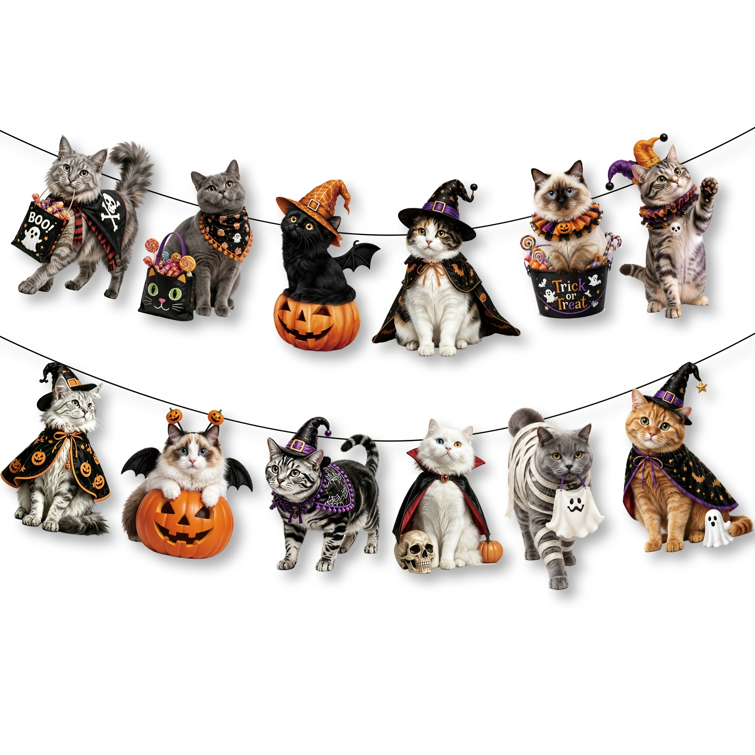 TEMU Lot de 12 bannières mignonnes d'Halloween, guirlande d'Halloween sur le thème des chiens et chats, bannière pour animaux de compagnie pour