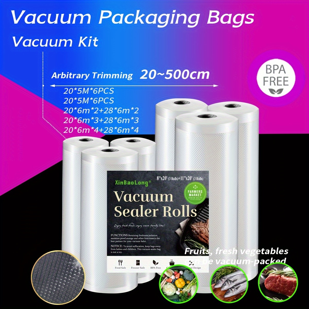 

4/6/8pcs Vacuum Sealed Roll Bag, Using Durable Food Grade Vacuum Sealed Pockets, Kitchen Supplies, To Keep Your Food Fresh For A Longer Time