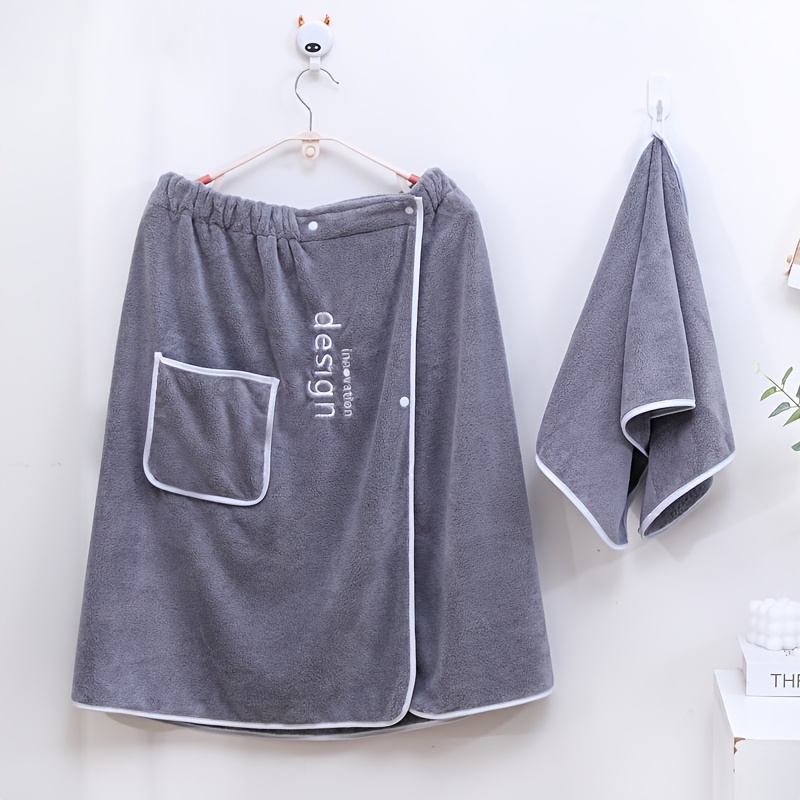 1 Men's Quick-dry Bathrobe / 2pcs Set Hand Towel Bathrobe - Adjustable Elastic Embroidered Towel - Absorbent And Soft - 27.5x55 Inches, Men's Sauna Skirt Spa Sauna Wrap, Bathroom Accessories