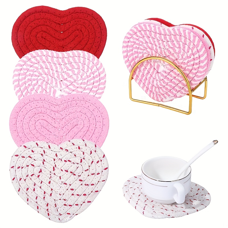 

4pcs Handcrafted Heart-shaped Coaster Set - Heat-resistant Hemp Rope, Valentine's Day Decor & Wedding Keepsakes, Includes Coasters With Golden Holder