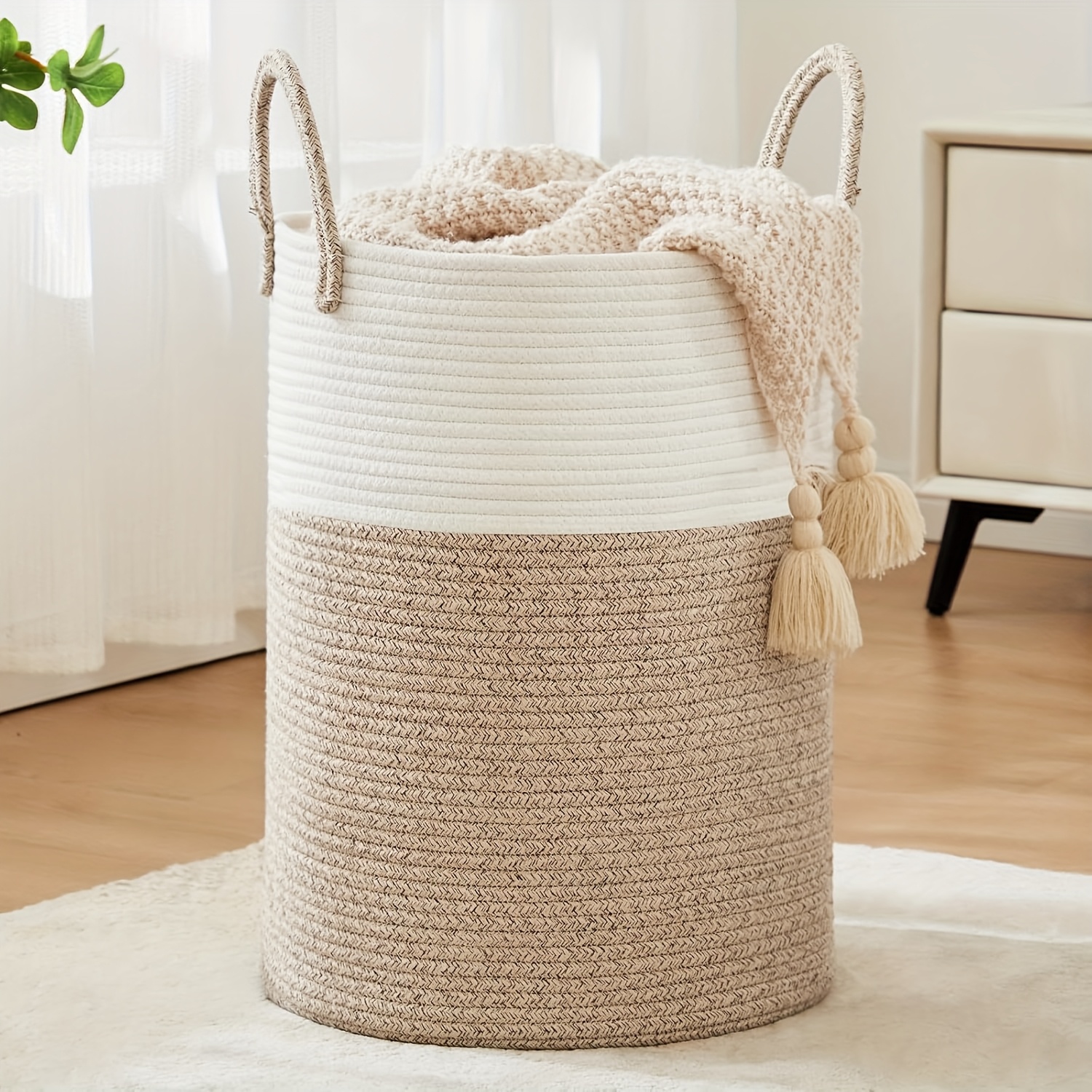 TEMU 1pc Large Black Woven Rope Laundry Basket With Handles, Tall Round Blanket Basket, Soft Storage Hamper For Clothes, Towels, Bedding, Pillows,