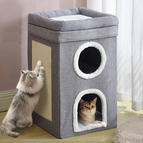 large 3 in 1 cat house cat cave cats foldable cat bed cozy washable easy to season enclosed pet nest with scratching board polyester gray with fluffy interior for comfortable cat living kitten bed for cats small dogs41 41 64cm