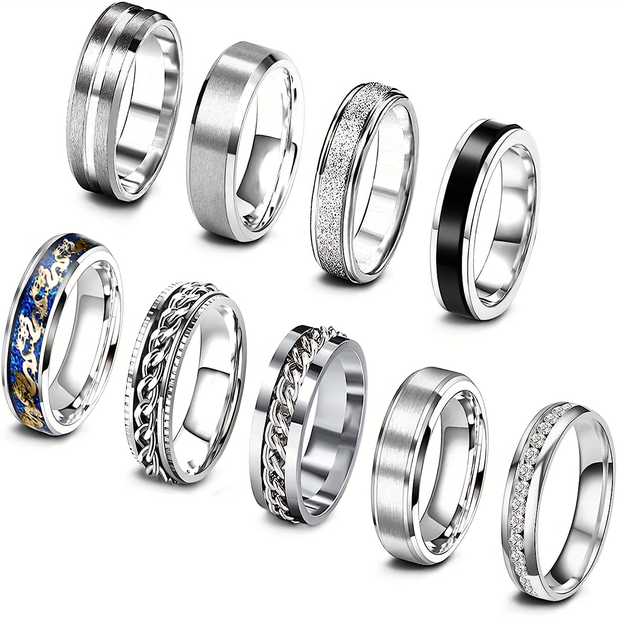 TEMU Set da 9 anelli da in acciaio inossidabile 201, stile casual, gioielli di moda i