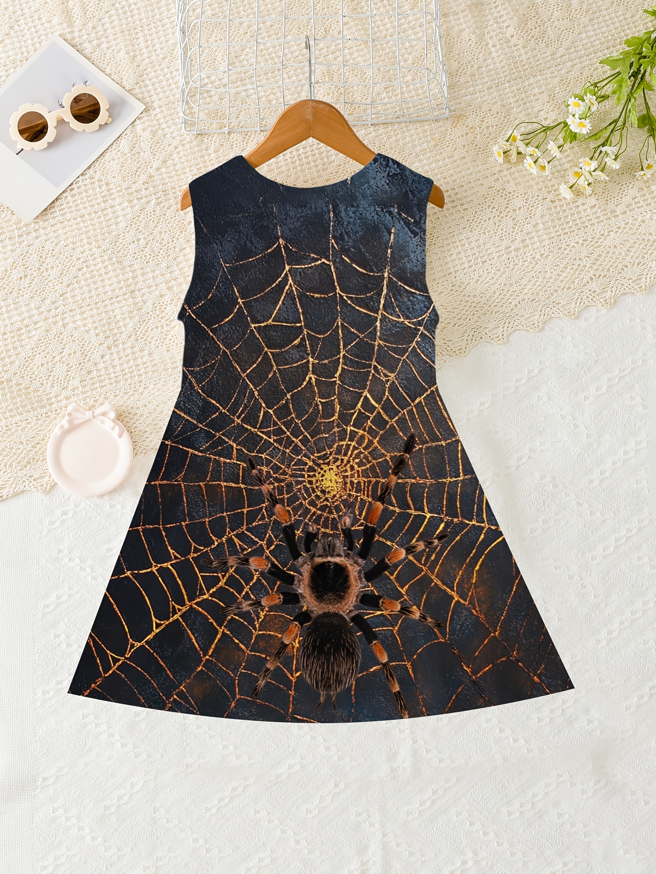 girls 3d spider web print sleeveless dress dark blue orange - Temu Denmark
