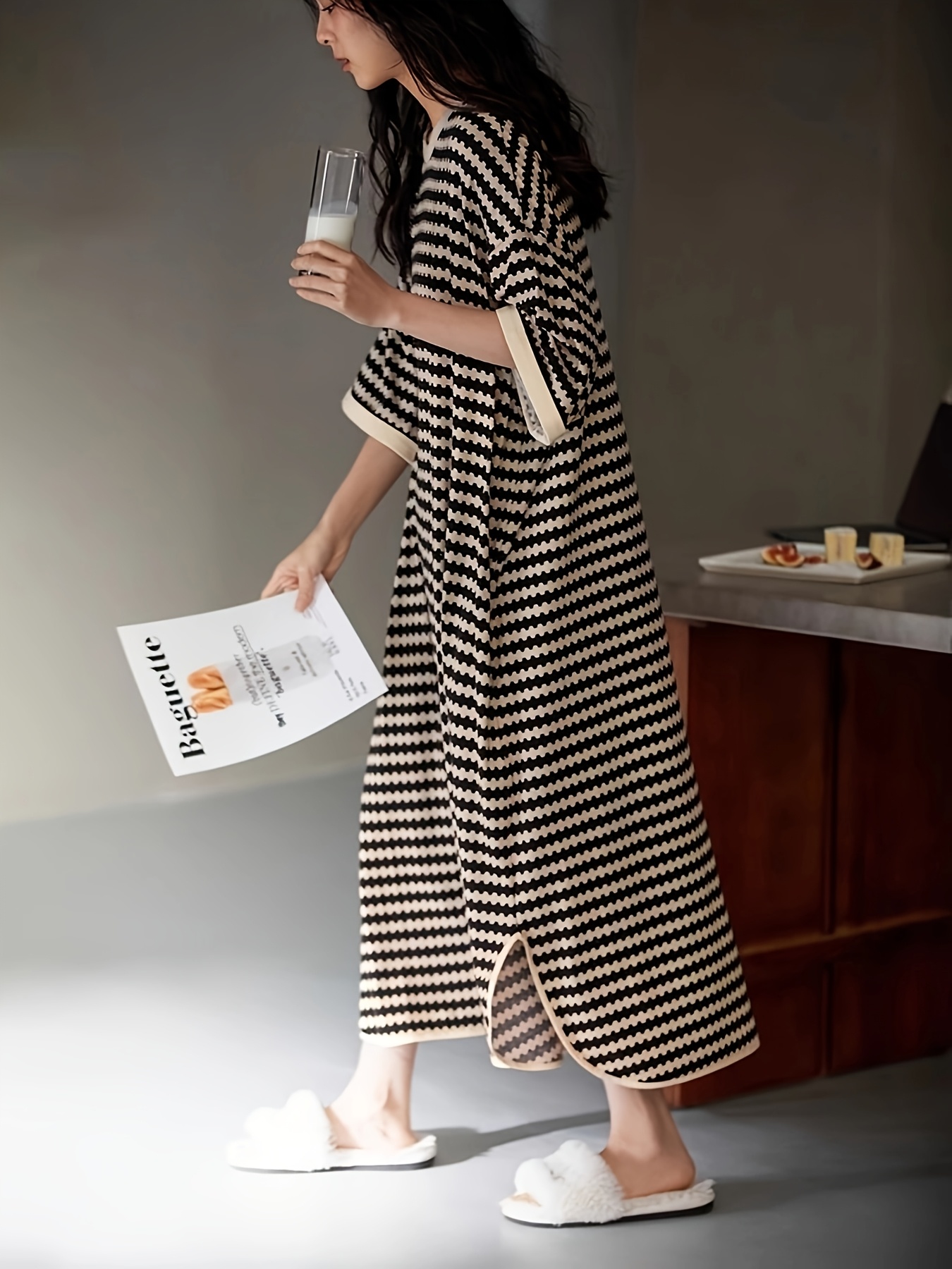 Vestido de Dormir Elegante para Mujer con Estampado Geométrico y Manga  Corta, Largo Medio y Transpirable con Bolsillos p