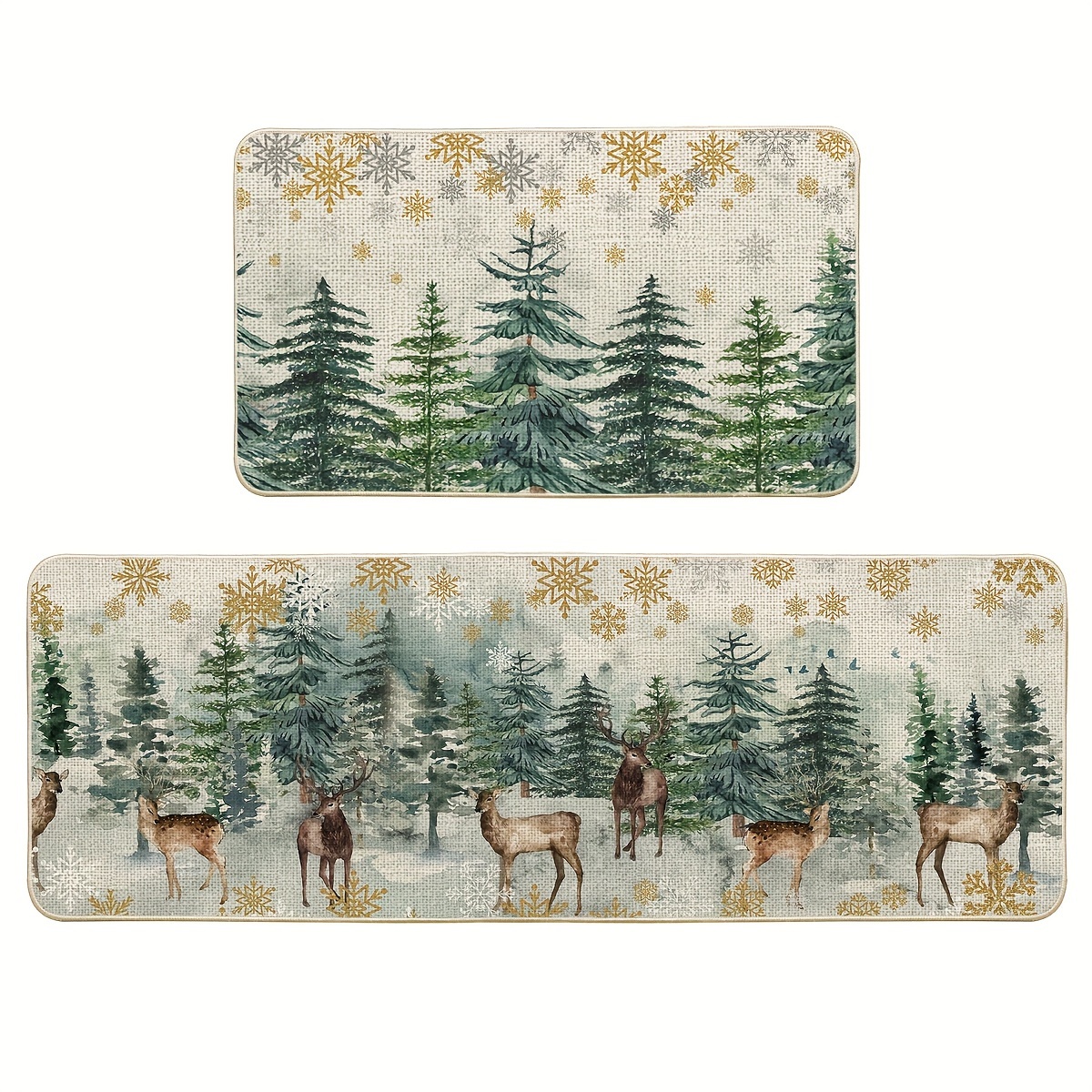 

2pcs/set Trees Deer Snowflakes Christmas Kitchen Mats, Winter Home Decor Low-profile Kitchen Rugs For Floor - 17x29inch And 17x47 Inch