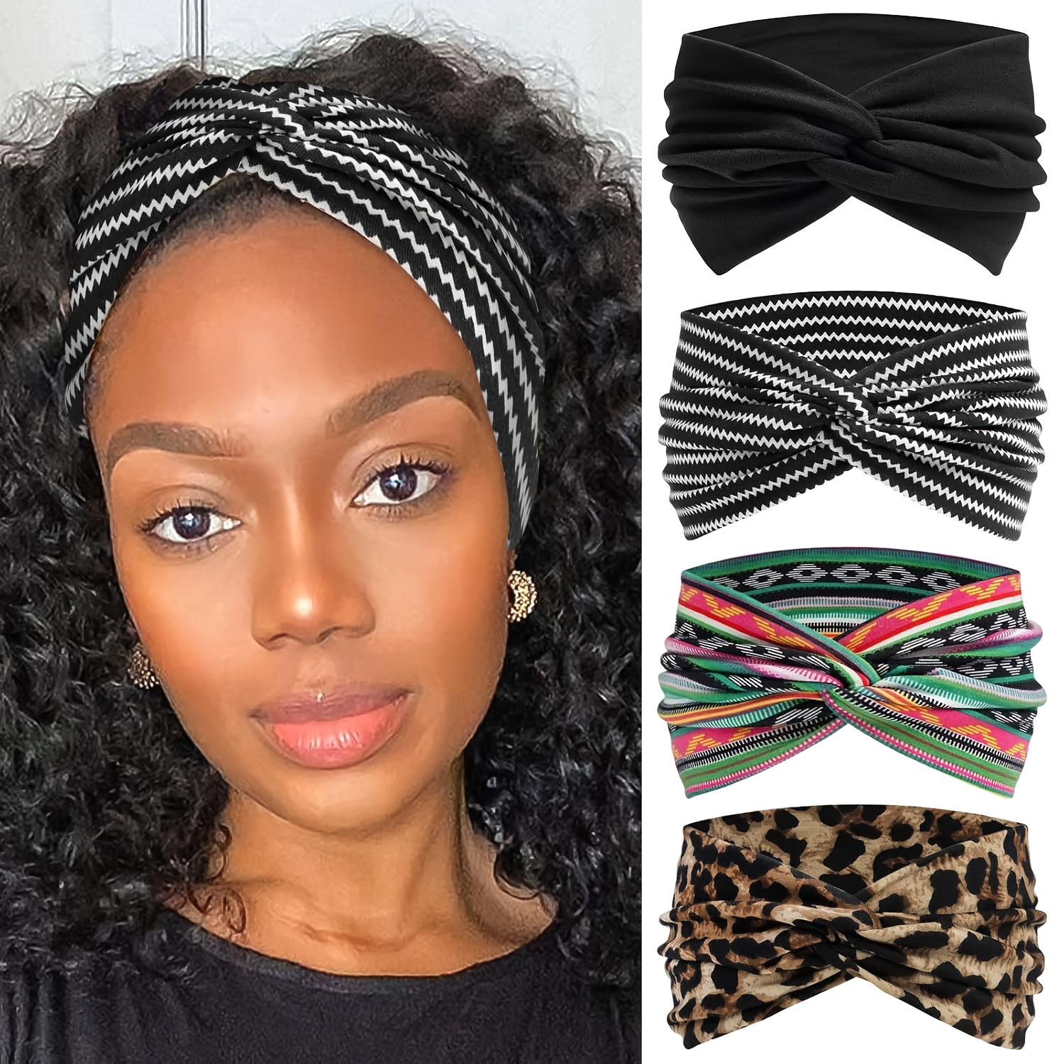 TEMU 4pcs Of Women's Wide Headbands - Bohemian Style Knotted Headbands, Soft And Elastic, Suitable For Fitness And Yoga, In Multiple Colors, Trendy