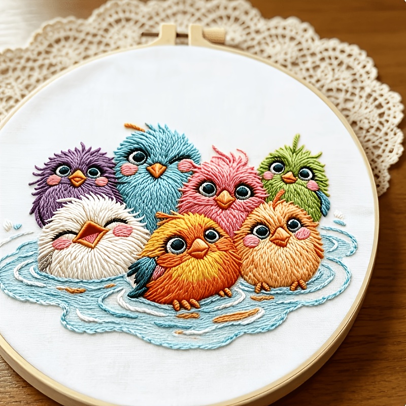 Cute Animal Print Embroidery Kit, Matching Bird Bubble Bath Pattern