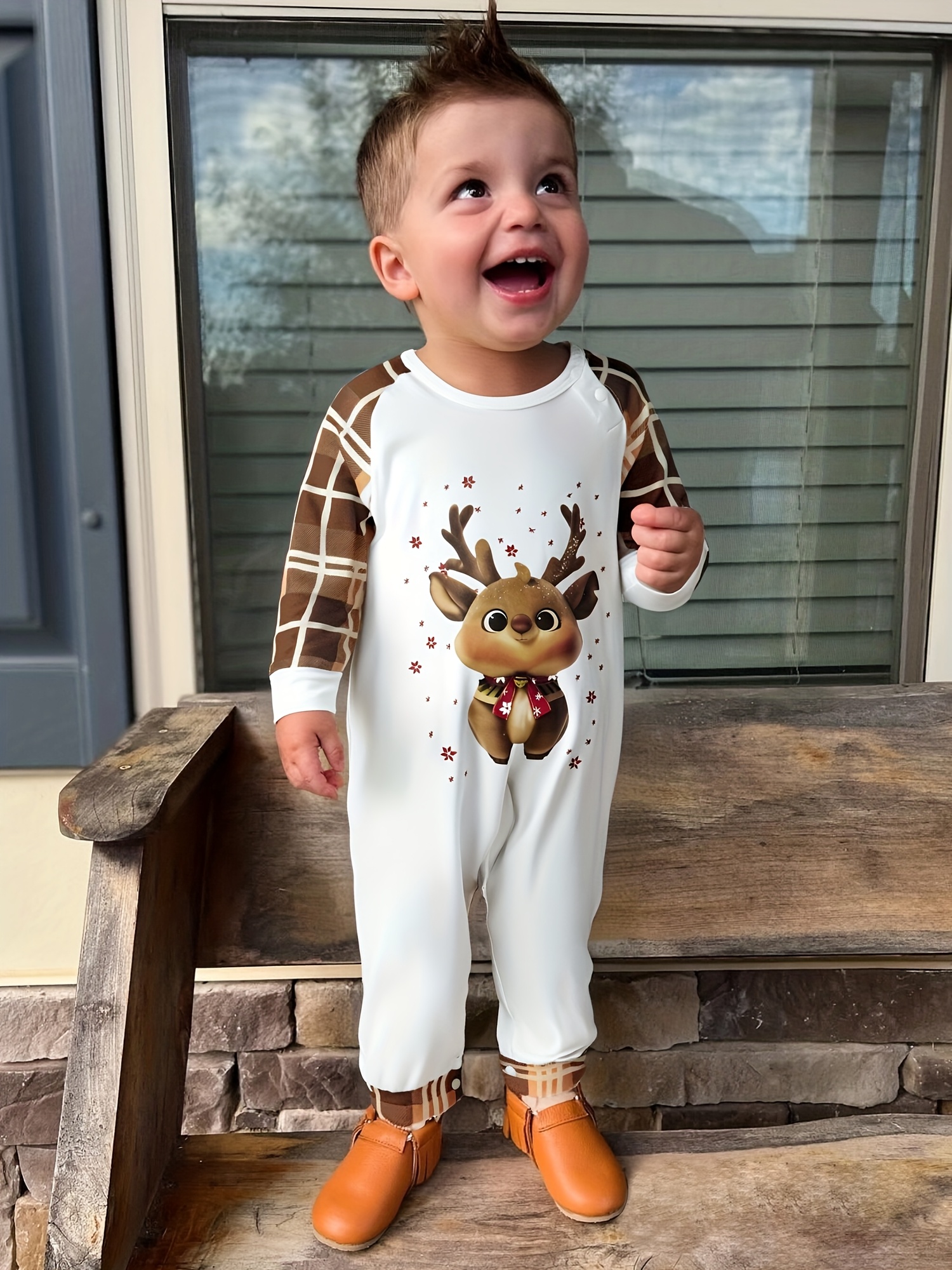Parent-Child Matching Christmas Pajama Sets - Family Holiday Sleepwear with Reindeer Print & Plaid Design, Cozy Long Sleeve Round Neck Outfits for Parents & Kids, Soft Winter Pajamas for Family Movie Nights & Xmas Photos, Cute Dog Outfit Option (One