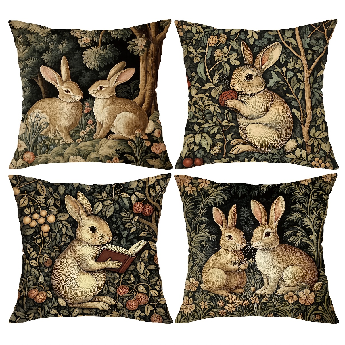 

4pcs Easter Floral Rabbit Print Throw Pillow Covers, Vintage Cottagecore Decorative Zippered Pillowcases, Machine Washable, Polyester, For Living Room And Bedroom, 18x18 Inches, No Inserts,