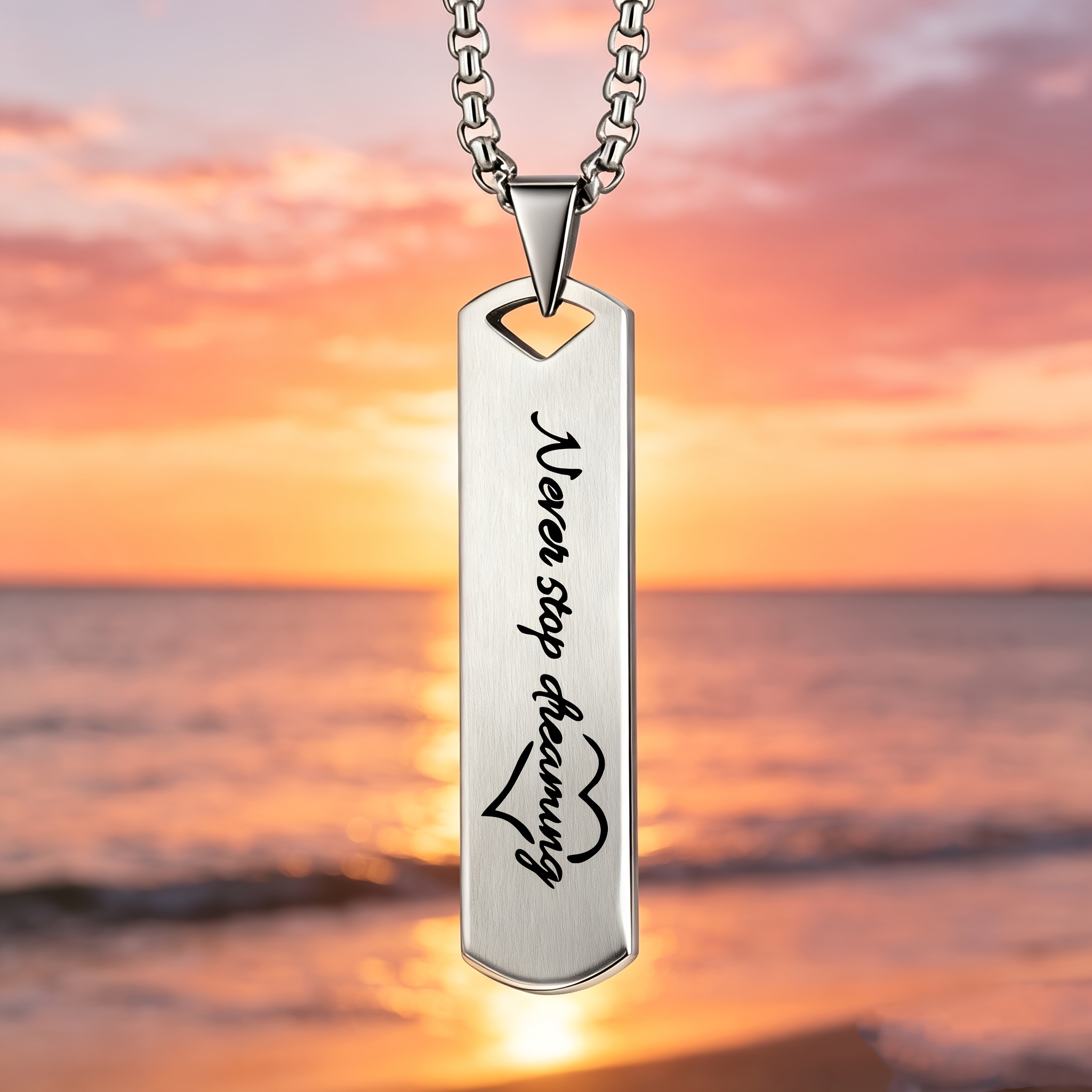 "Never Stop Dreaming" Inspirational Cursive Pendant Necklace