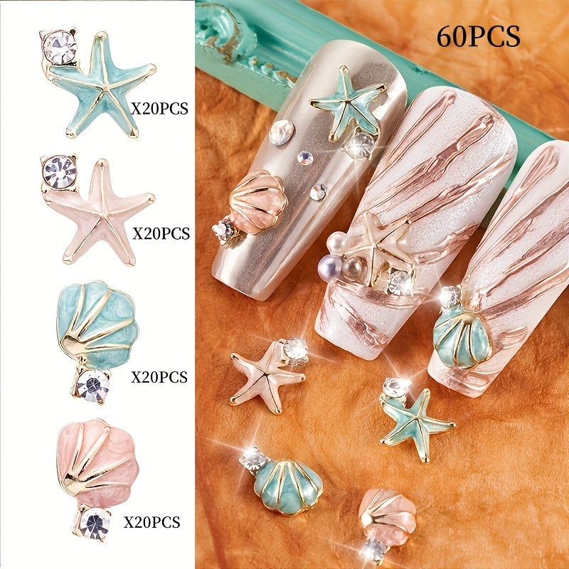 

80-piece Ocean Theme Nail Charm Set With Enamel Starfish, Shell Rhinestones, And Pearl Accents For Nail Art Decorations And Supplies, Unscented