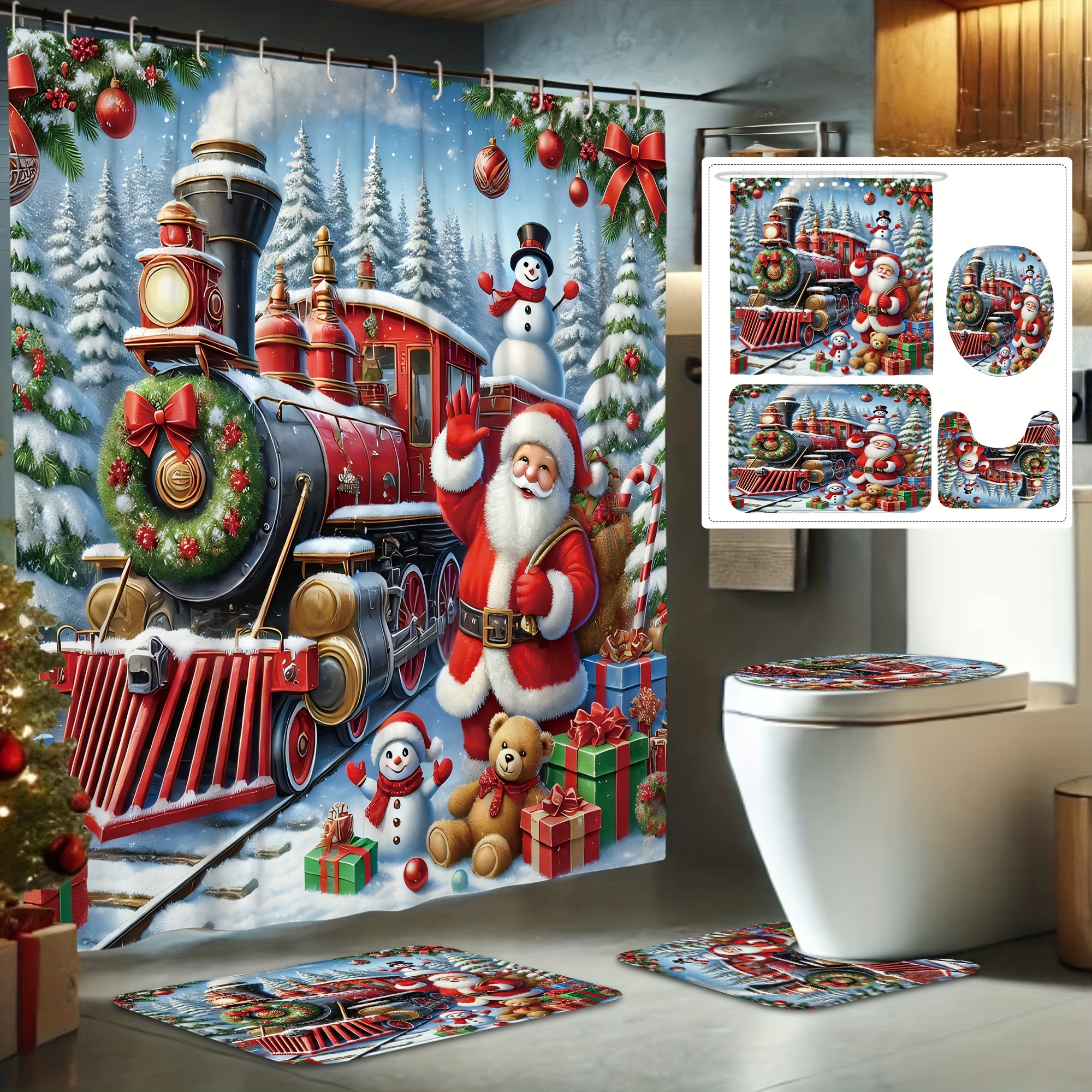 

Christmas 4pcs Shower Curtain Set , Snowman & - Includes Shower Curtain 12 , Bath Mat, U-shaped Lid , And Rug - For Bathroom Decor