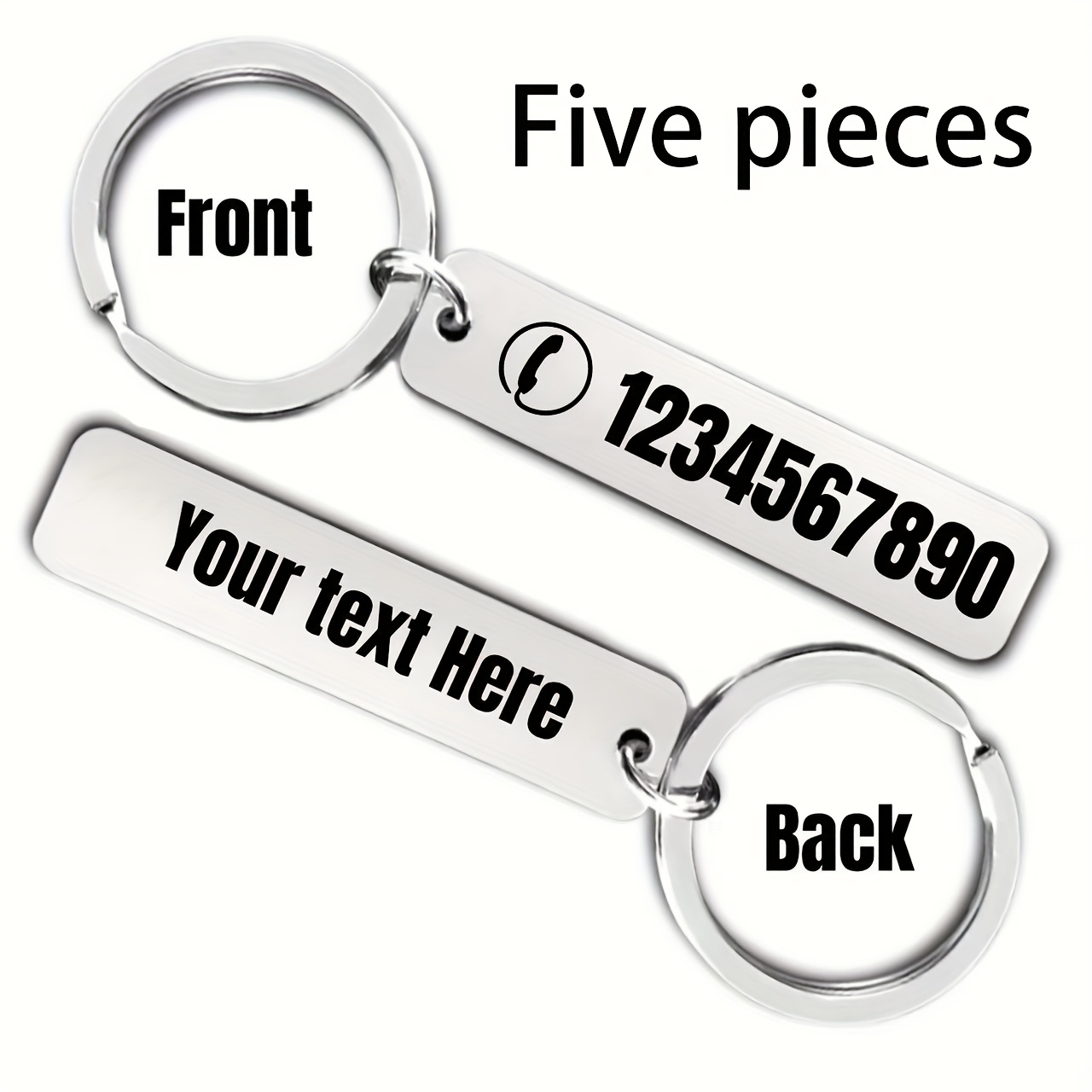 TEMU 1pc/5pcs/10pcs/50pcs/100pcs Customized Engraved Stainless Steel Keychain - Personalized Name And Phone Number, Anti-lost Double-sided Design,
