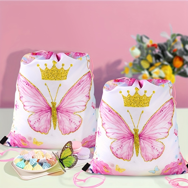 

1pc, Butterfly Drawstring Bag, Polyester Strap Pocket, Wedding Birthday Decoration For Guests Gifts Bag, Birthday Party Supplies Cookie Dessert Drawstring Bag, Weird Gifts, Shopping Bag, Party Favors