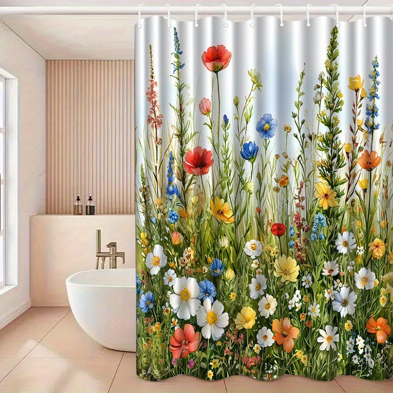 TEMU 2d Flat, Jit1pcs Floral Pattern Shower Curtain With Hook, Washable Shower Curtain, Bathroom Partition, Bathroom Accessories, Curtains Home Decor
