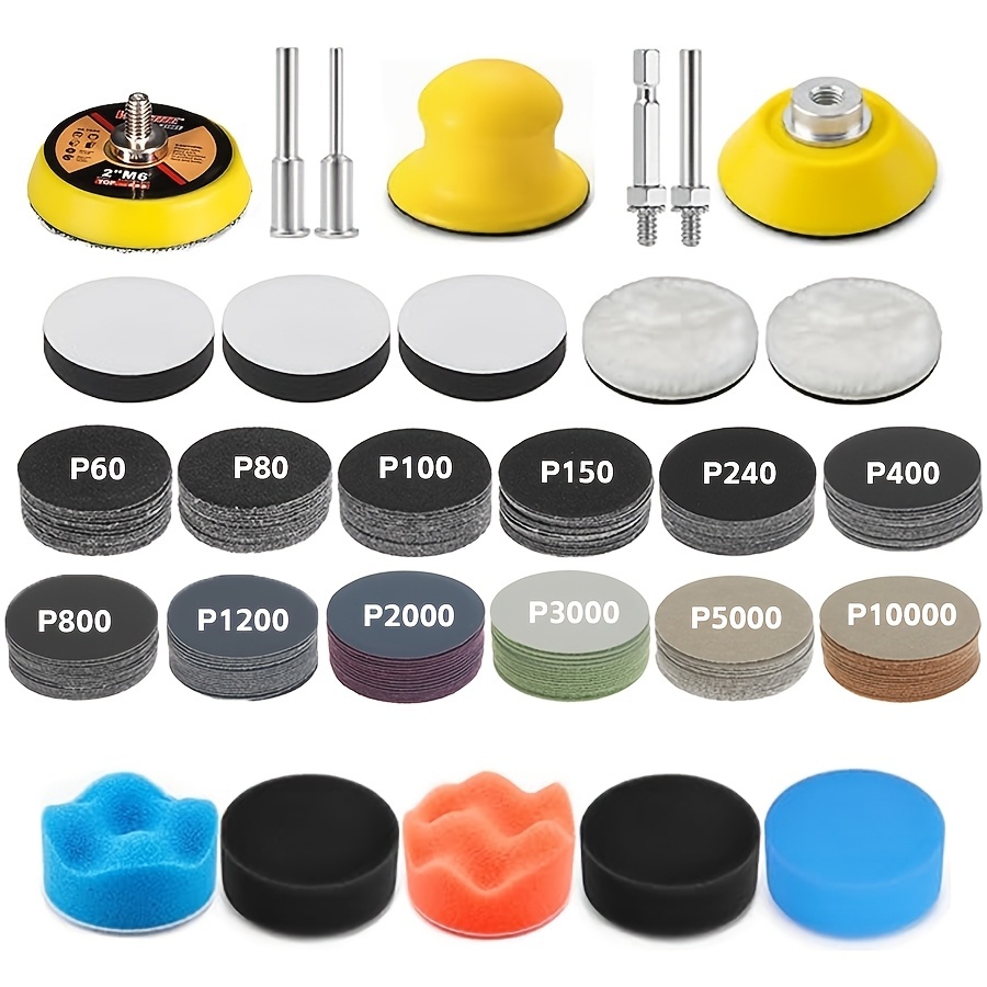 TEMU Ensemble de 137 pièces de de 5,08 cm pour ponçage et polissage, gamme de de 60 à 10000 pour à sec/humide, inclut un tampon éponge, un disque de