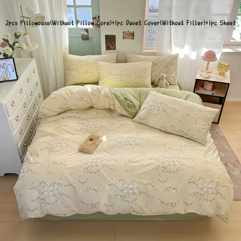 Image of Skin-friendly Printed Garden Bunny Set 4pcs 100% Cotton (1 Duvet Cover + 2 Pillowcases + 1 Sheet), Soft And Delicate, Breathable And Sweat-resistant, Simple And Elegant, Machine Washable