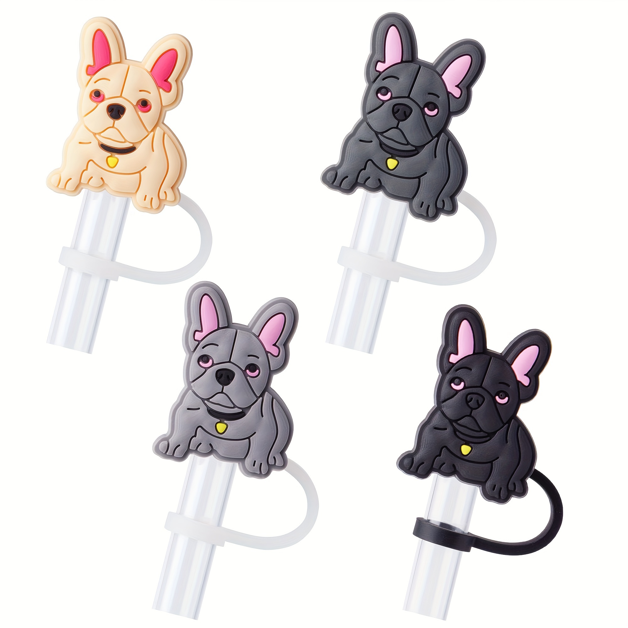 

4-pack French Bulldog Silicone Straw Covers - Dustproof & Reusable Caps For Stanley 20, 30 & 40 Oz Tumblers With Handles, Fits 10mm/0.4in Diameter Straws