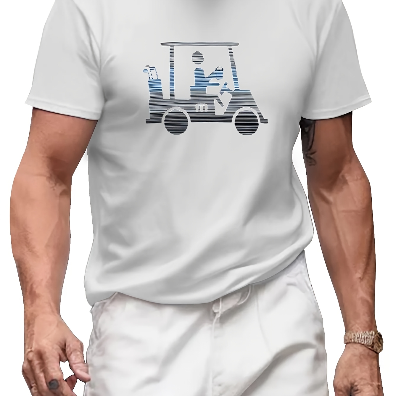 

1pc Men's Casual Cotton T-shirt With Funny Golf Cart Print, Crew Neck, Short Sleeve, Knit Fabric Pullover Shirt For Weekend Casual Wear