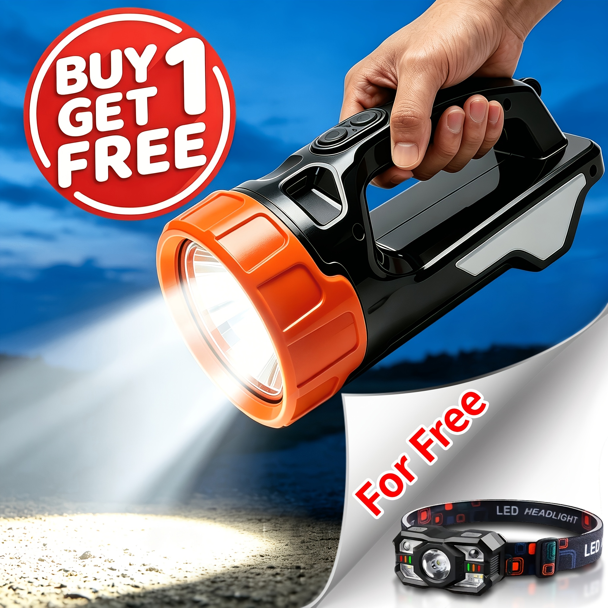 TEMU Free. A Total Of 2 Items. Multifunctional Solar Led Flashlight With Cob Side Light, Usb Rechargeable Handheld Searchlight With Power Display &