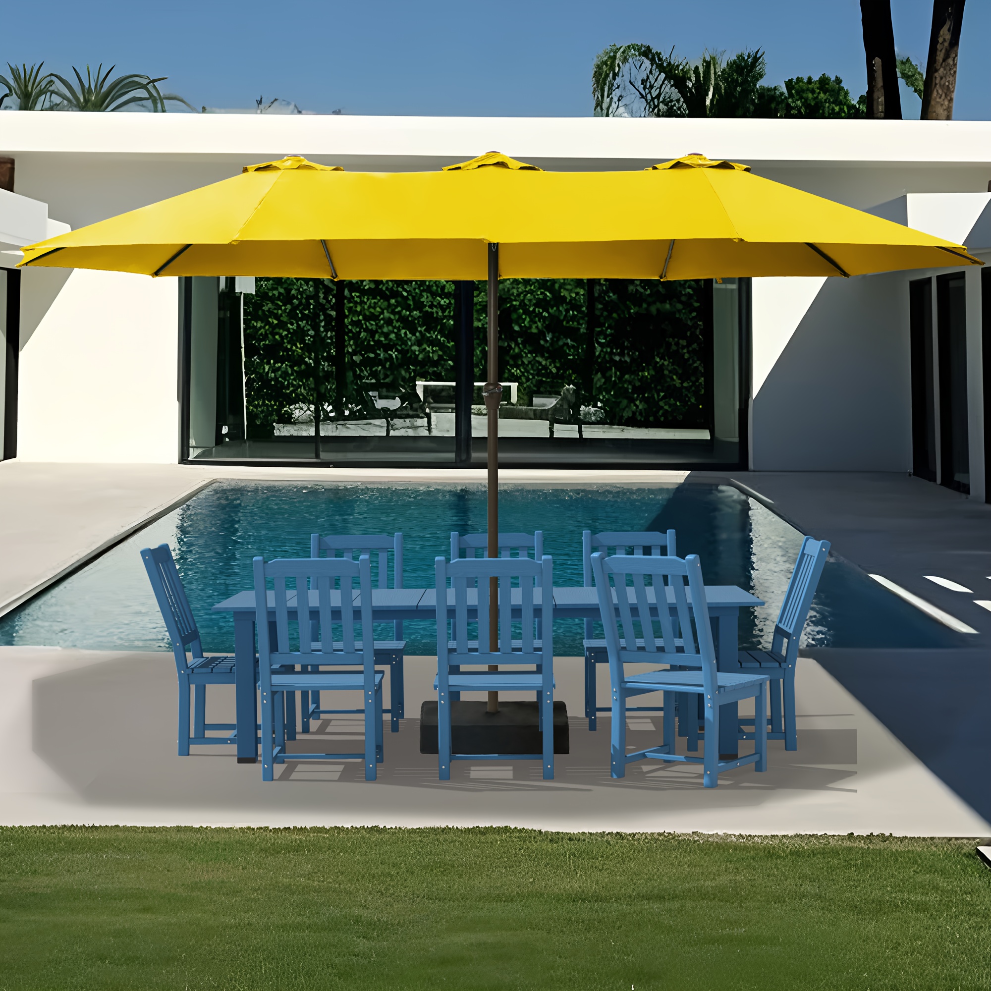 15-foot Long Rectangular Large Outdoor Patio Umbrella, Includes Base, Double Table Umbrella With A Crank Handle, Market Umbrella - UV Resistant, Heavy-duty Pool Umbrella, Suitable For Lawns, Backyards, And Gardens.