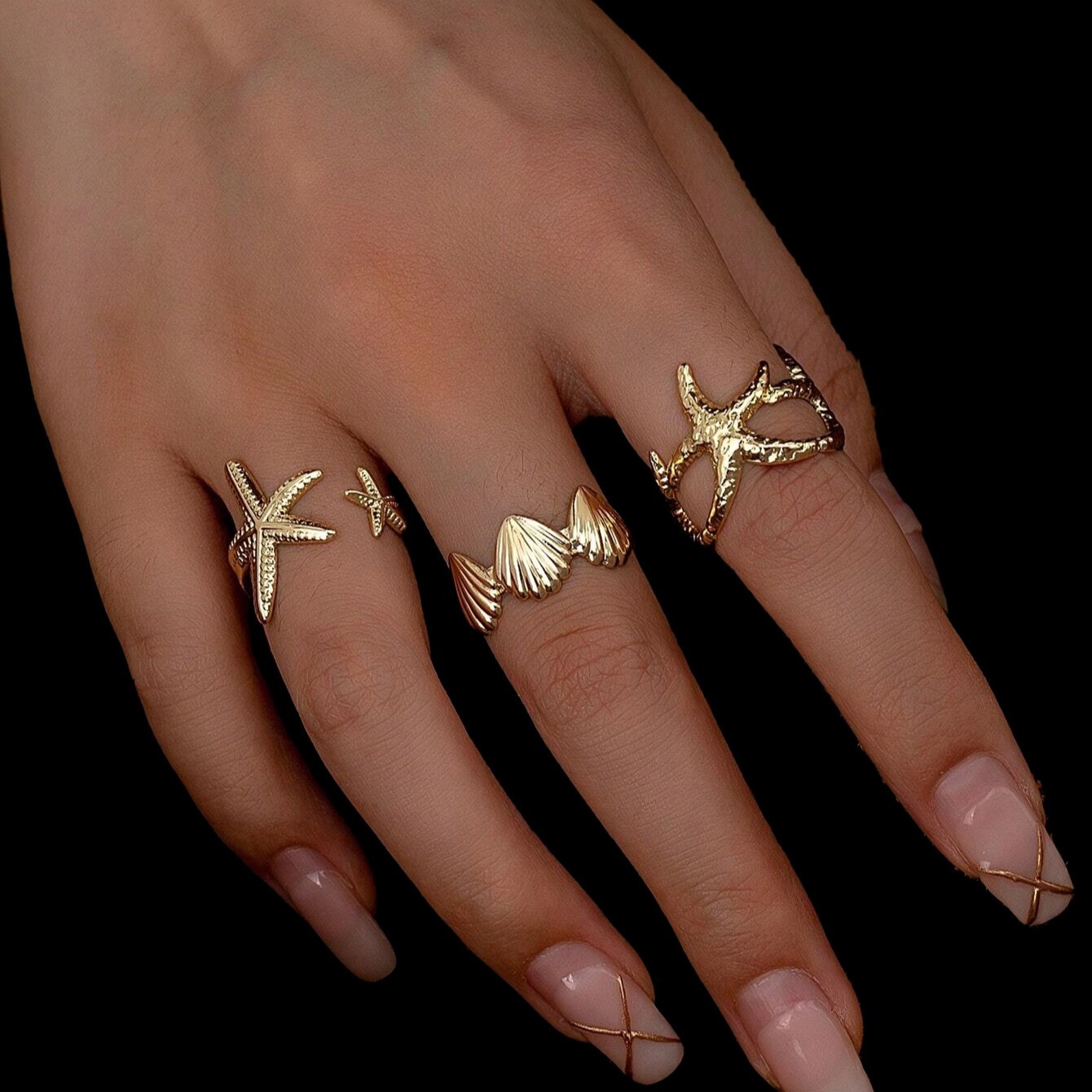 2pcs 3D Starfish & Shell Vintage Style Adjustable Ring Set