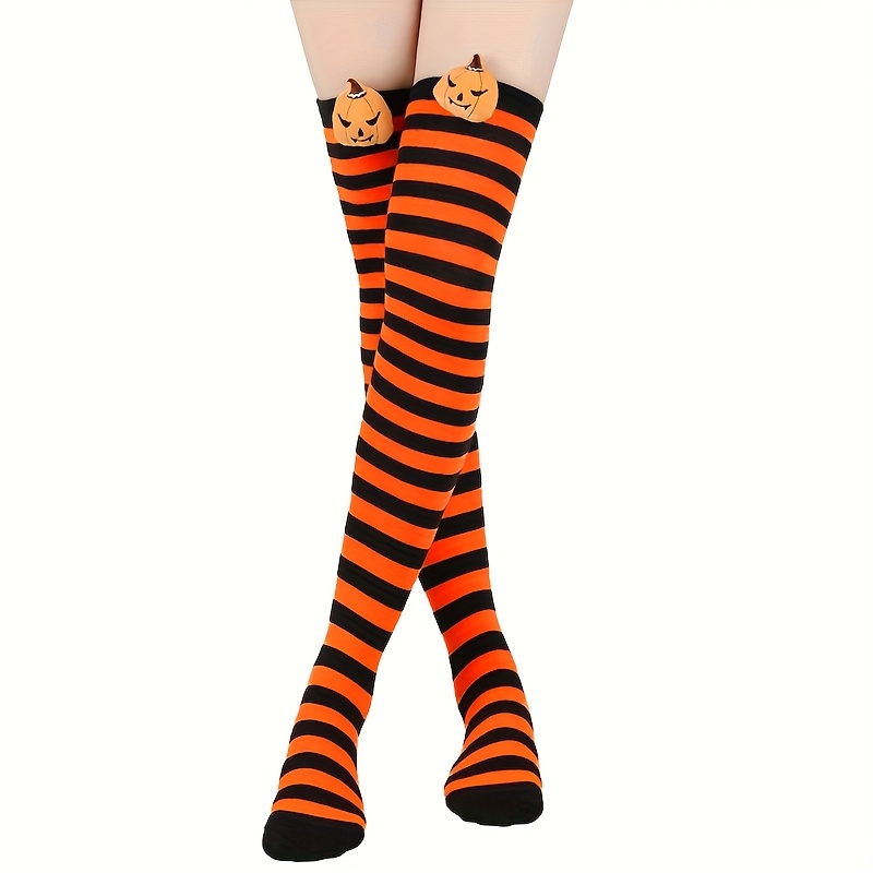 TEMU 1pair Halloween Pumpkin Devil Socks Wan, 3d Pumpkin Women's Knee Socks, European And American Halloween Party Cos Acting Striped Long Socks
