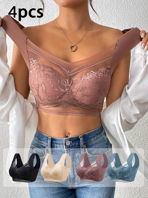 4pcs mixed color womens lace underwear set daily non wired bra and panties