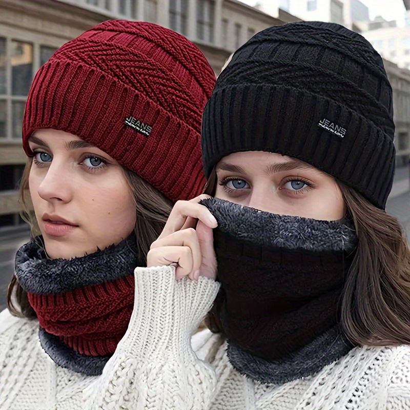 

Winter Windproof And Warm 2pcs Set: Knitted Hat With Ear Flaps And Neck Warmer - Comfortable Fleece , No Design