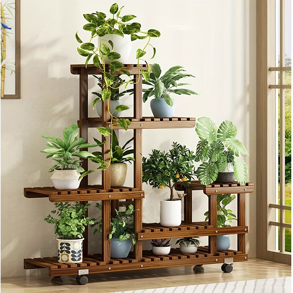 

Rolling Wooden Plant Stand - Multi-tier Holder With Wheels, , Large Capacity For Home Garden Patio Display