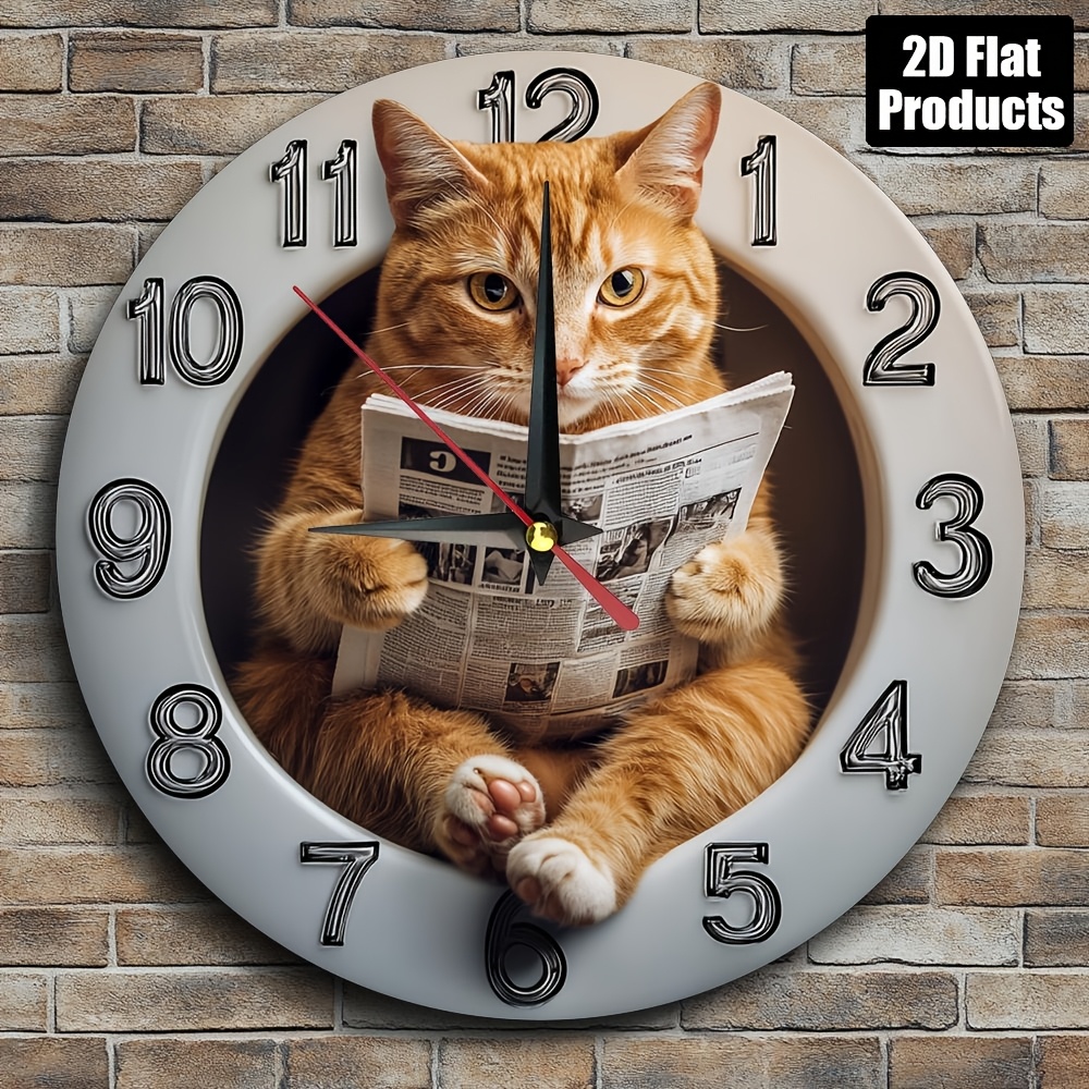 TEMU 1pc Cat Reading Newspaper Themed Wooden Round Wall Clock | Farmhouse Style Home Decor, Suitable For Kitchen, Bedroom, Office, Easy To Read, No