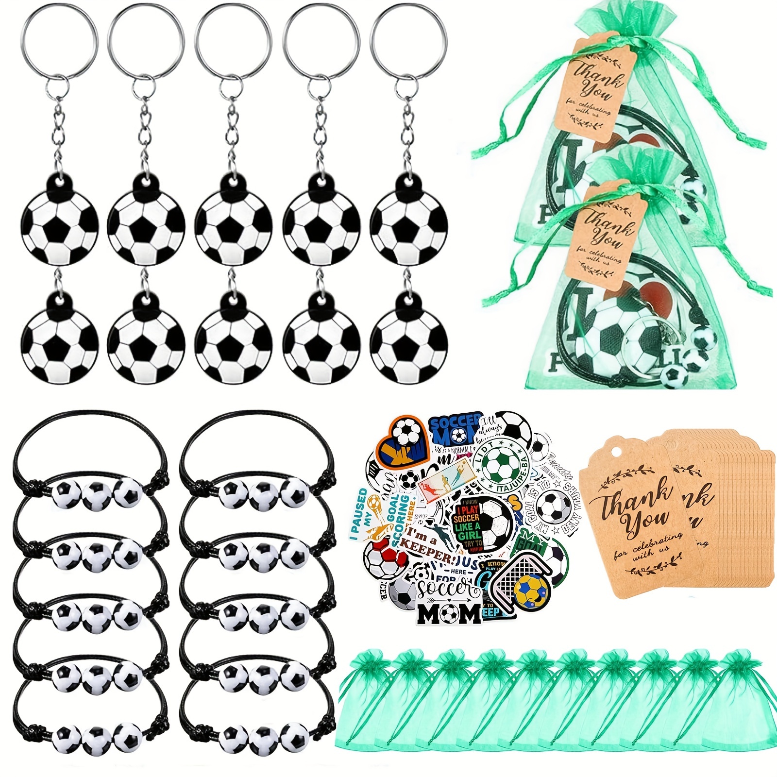 

Soccer Party Favor Kit - 90pcs Set With Keychains, Organza Bags, Bracelets, Stickers & Tags For Birthday & Sports Events