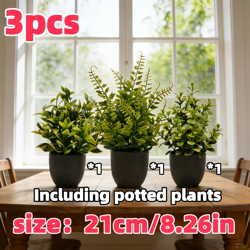 TEMU 3pcs Set Of Lifelike Artificial Green Plastic Plants, Perfectly Suitable For Home And Office Decor - Elegant Black Potted Artificial Decorative