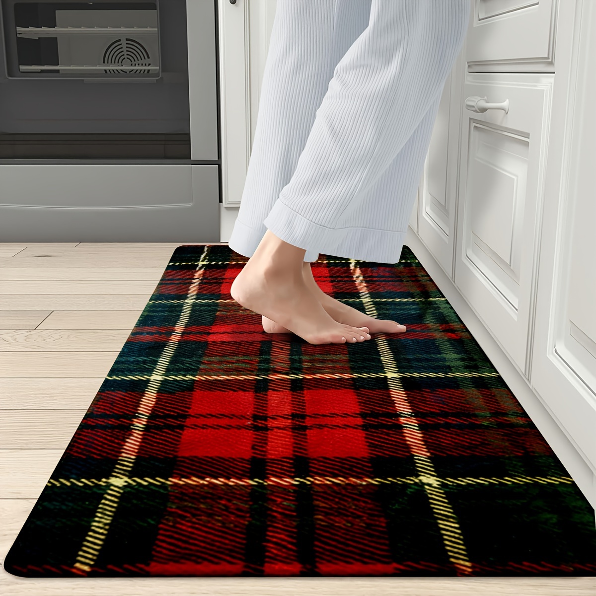 TEMU 1/2pcs, Tartan Design Mats Rugs, Red Tartan Non-slip Backing Rugs, Water Absorbent Carpet For Playroom, Classroom, Bathroom, Dining Table,