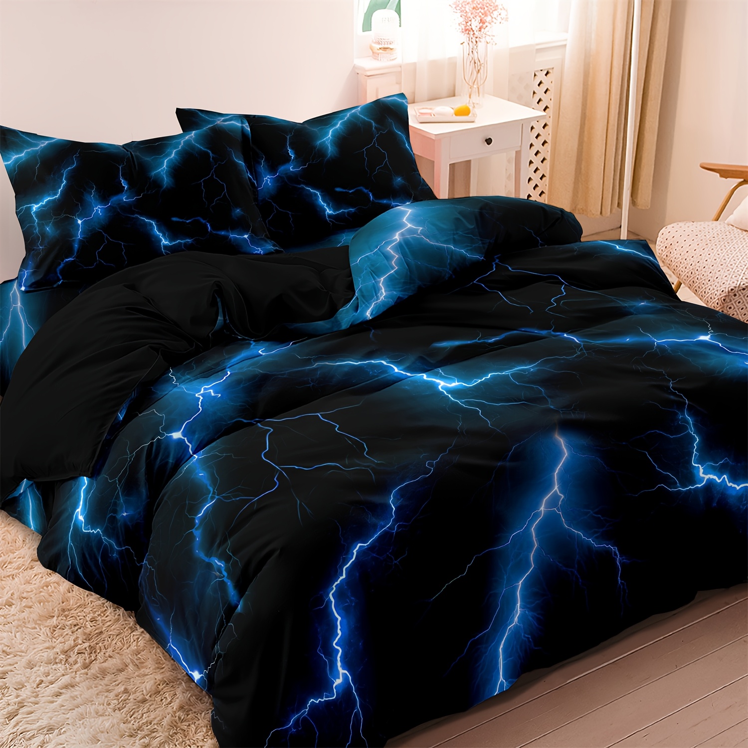 TEMU 3pcs 2d Flat Purple/blue/green/ Red/yellow Lightning Line Duvet Cover Bedding (1*duvet Cover + 2*pillowcase), Soft Comfortable Duvet Cover, For