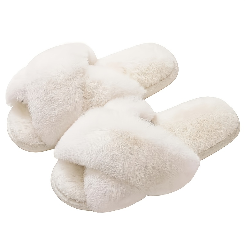 TEMU Cozy Women's Cross Band Fuzzy Slippers, Soft Plush Open Toe House Shoes, Women Shoes